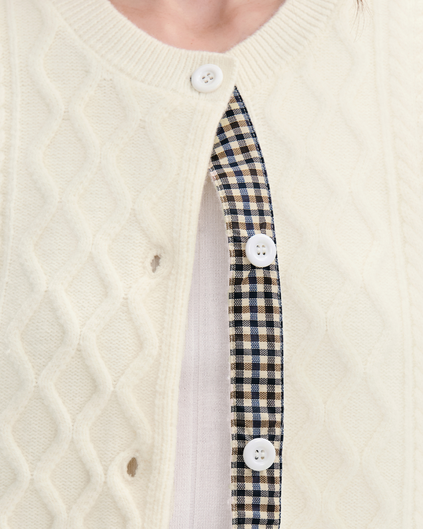Cable-Knit Cardigan with Check Panels-Wool Blend