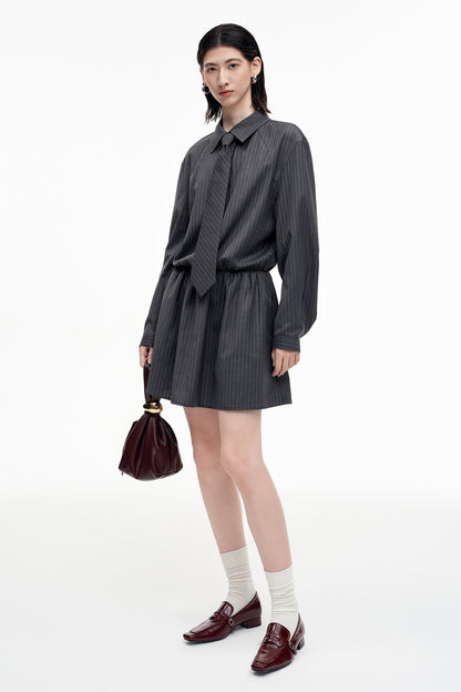 SELFWHO Wool Blend Grey Striped Dress
