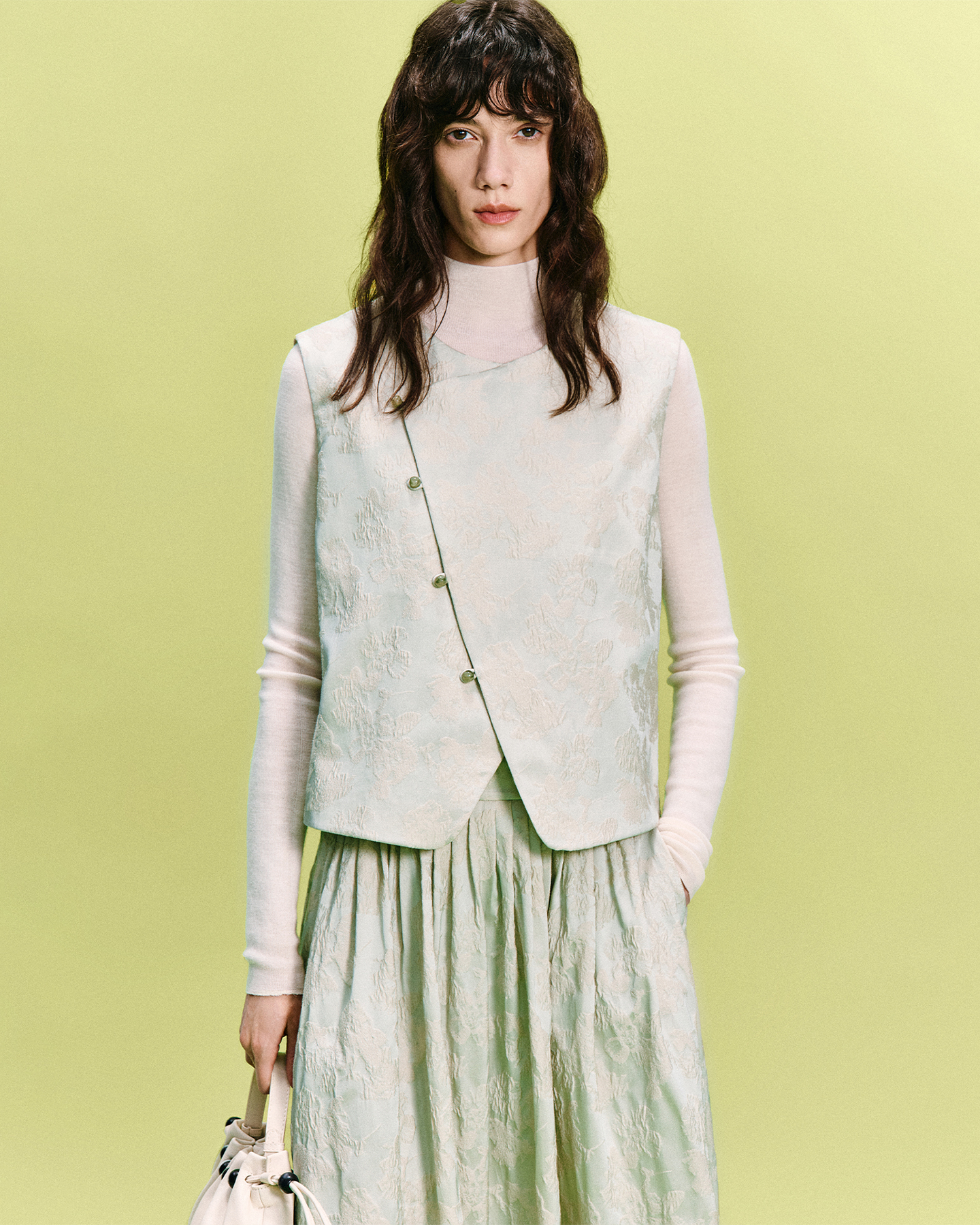 Sculpted Jacquard Mandarin Vest & Skirt Set-Silk-Blend