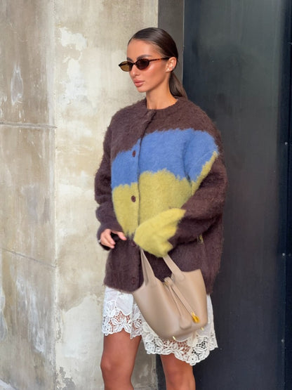 SELFWHO 100% wool colorblock plush sweater