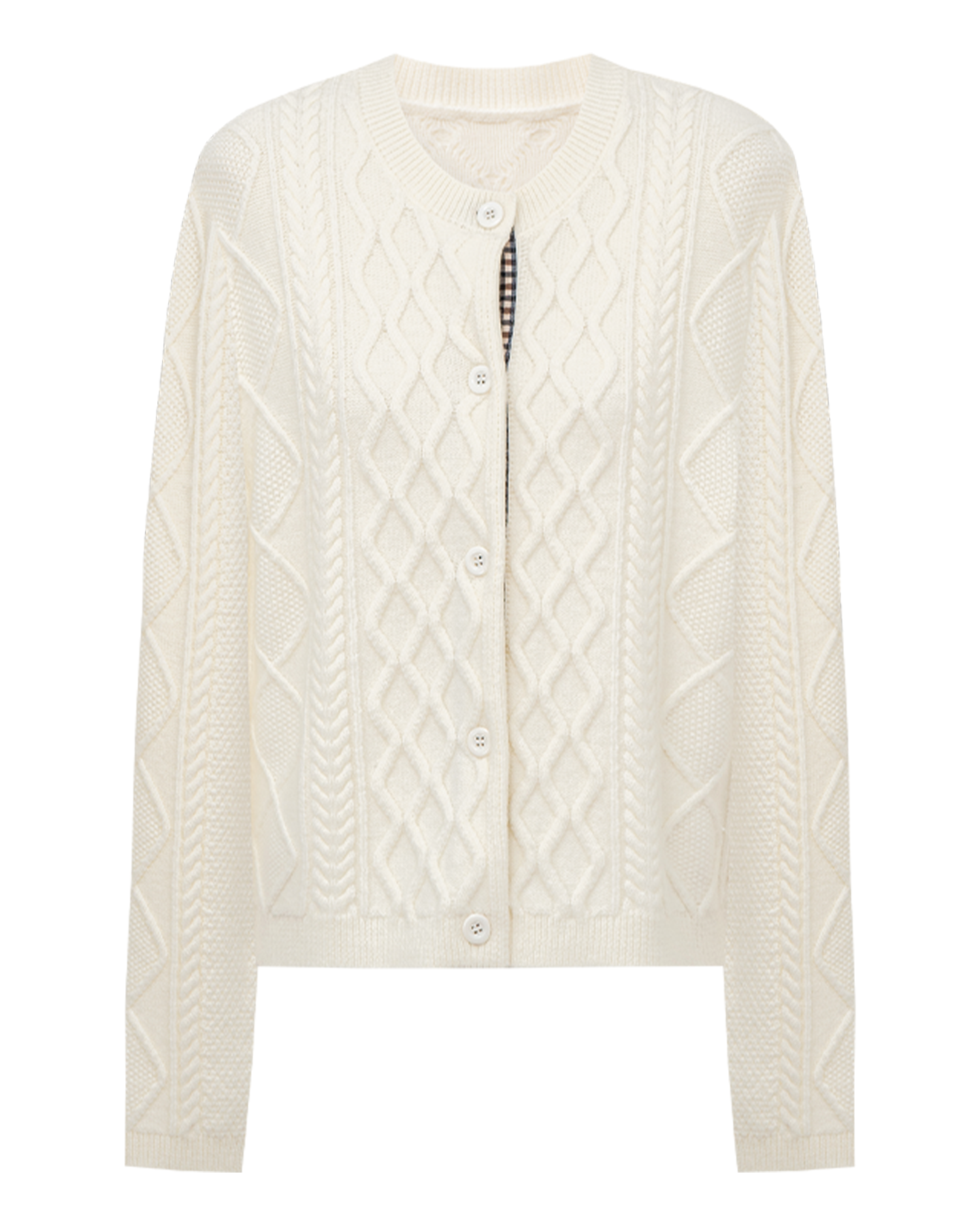 Cable-Knit Cardigan with Check Panels-Wool Blend
