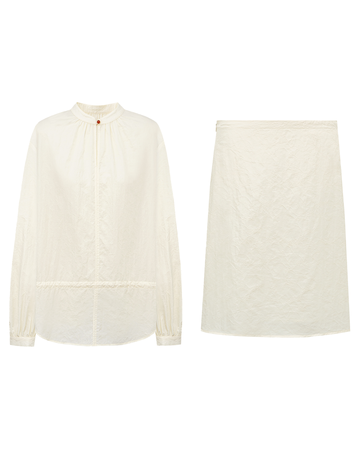 Jade-Button Mandarin Shirt & Skirt Set – Wool-Blend
