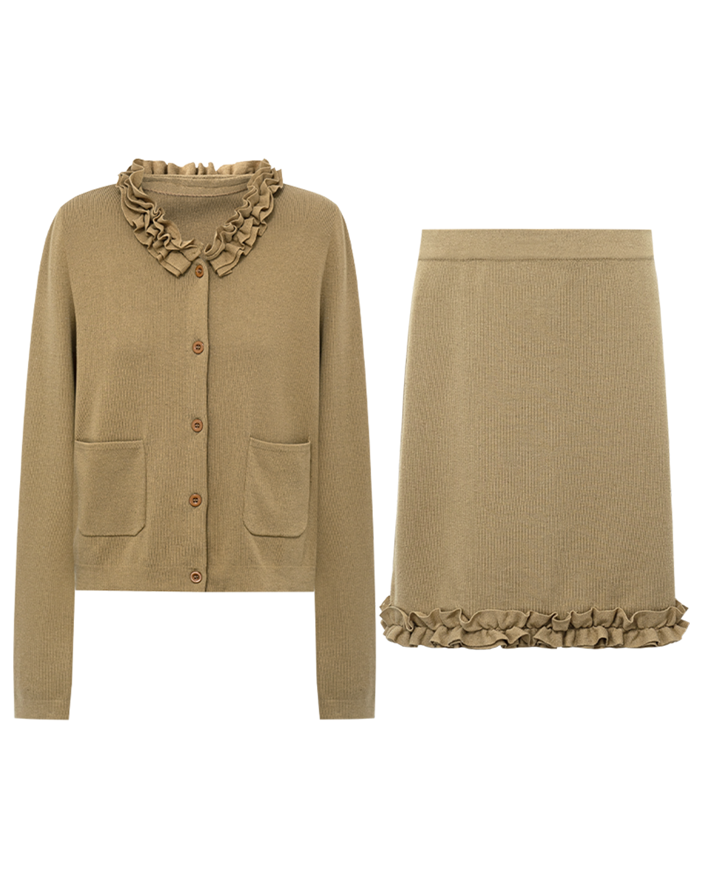 Ruffle-Collar Knit Cardigan & Skirt Set – Linen-Blend