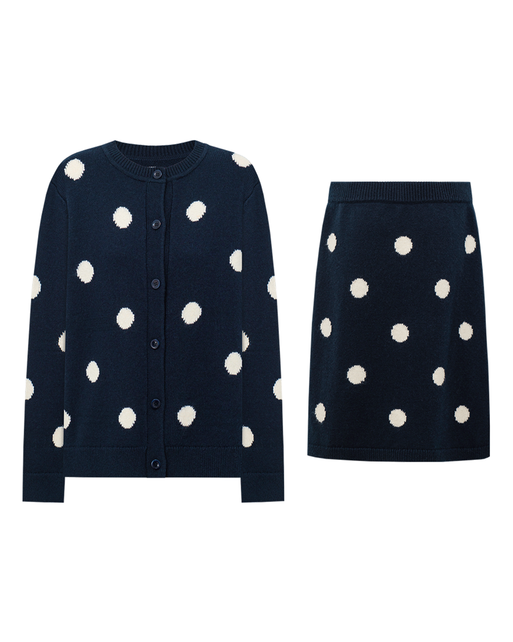 Polka-Dot Knit Cardigan & Skirt Set – Wool Blend
