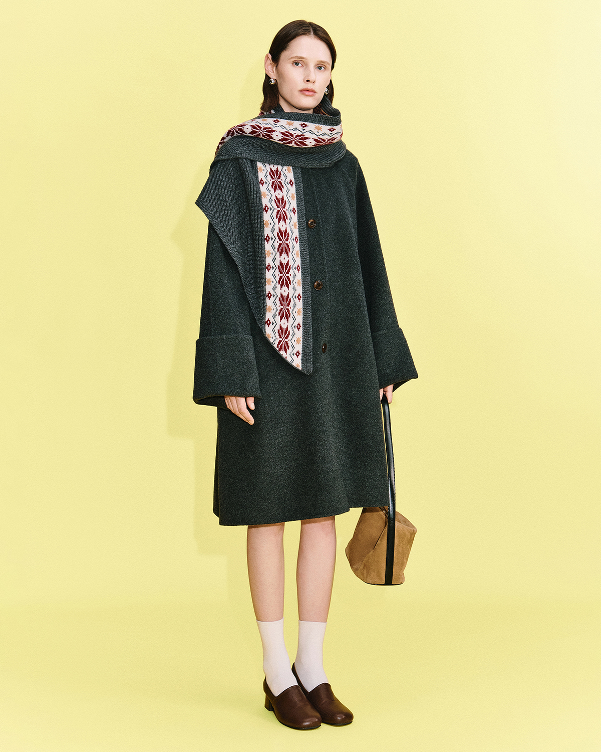 Double-Face Wool Coat with Fair Isle Scarf – Mock Neck