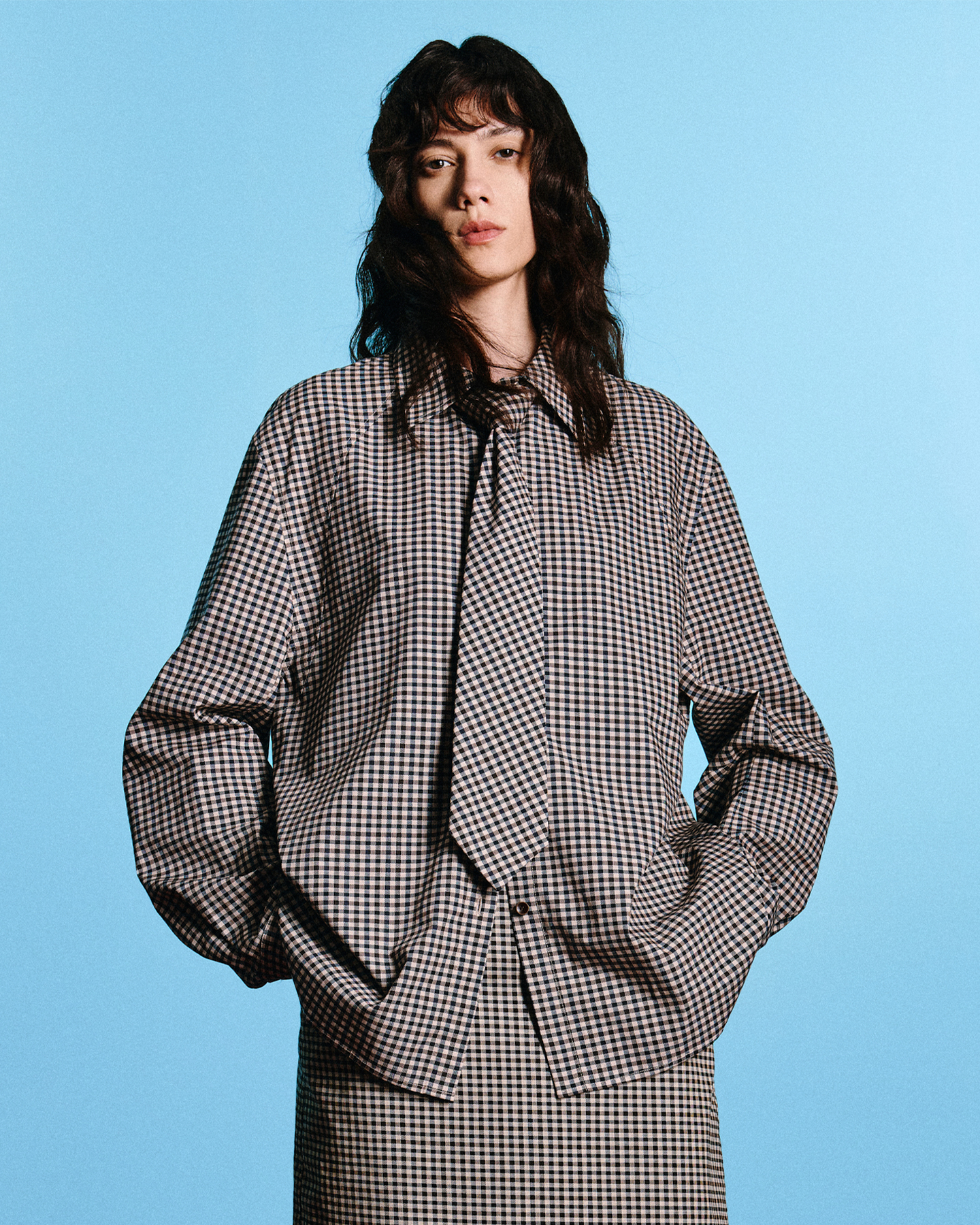 Vintage-Check Shirt & Straight Skirt Set – Cotton