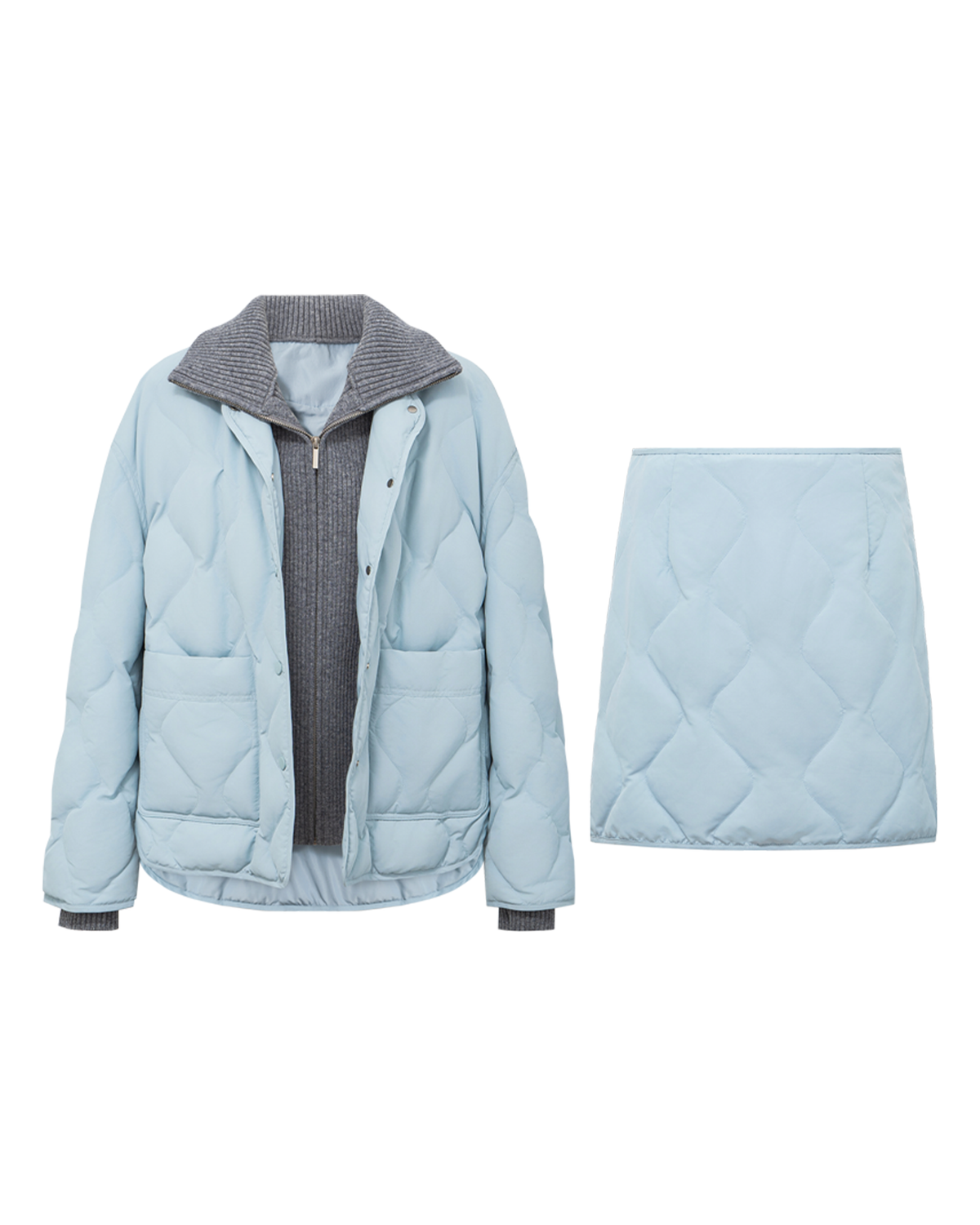 Knit-Detail Down Jacket & Skirt Set