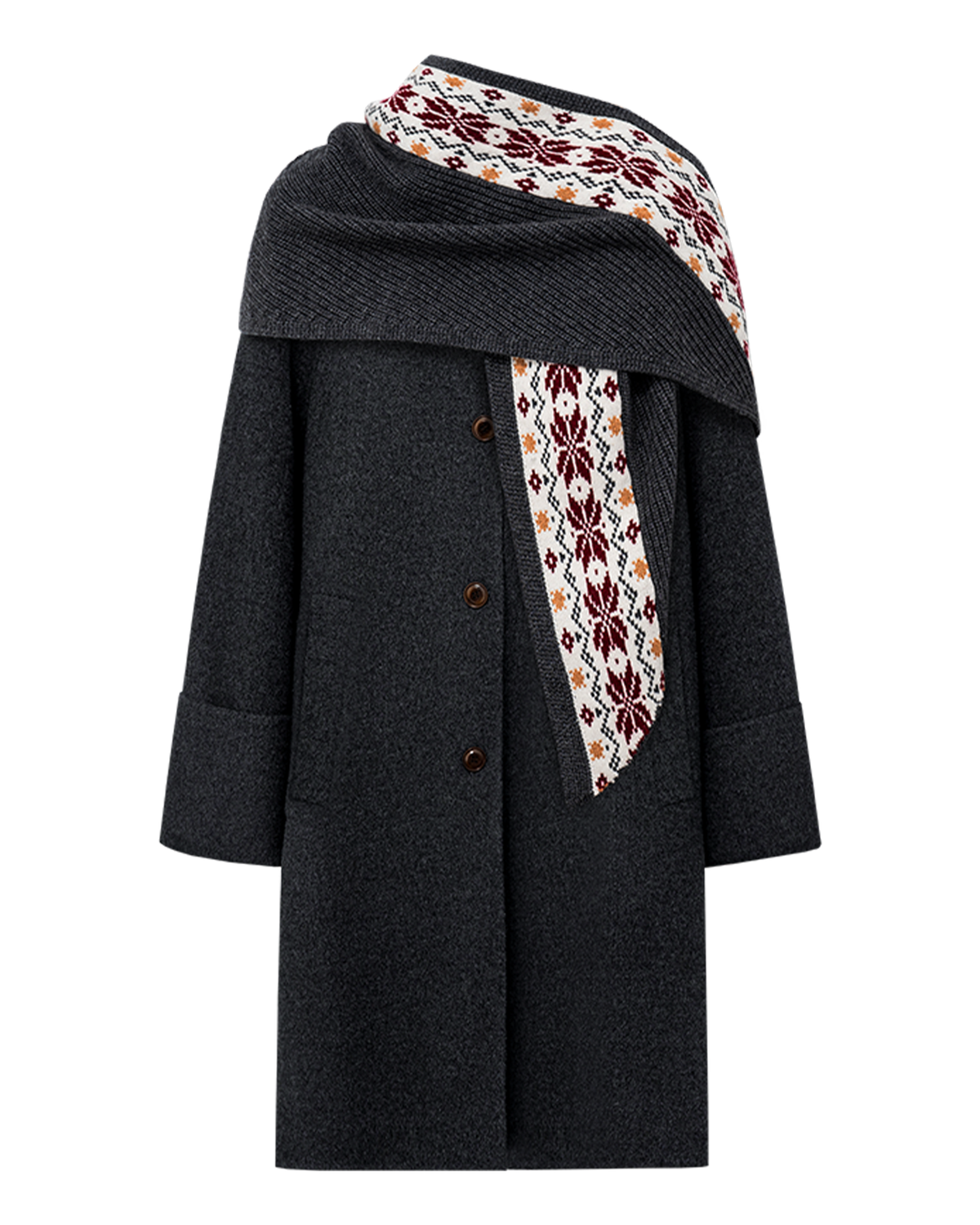 Double-Face Wool Coat with Fair Isle Scarf – Mock Neck