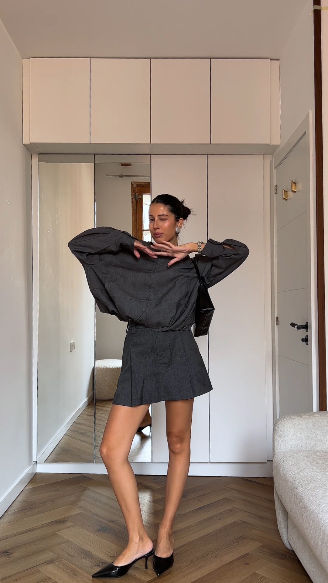 SELFWHO Combed Wool Blend Grey Striped Skirt