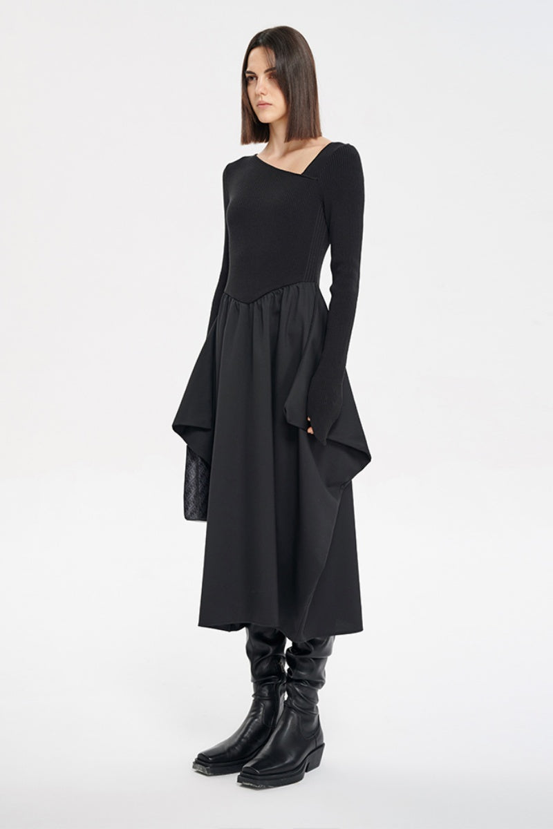 SELFWHO Knitted patchwork dress women's asymmetrical bevel neckline dress