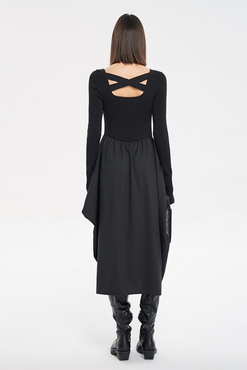 SELFWHO Knitted patchwork dress women's asymmetrical bevel neckline dress