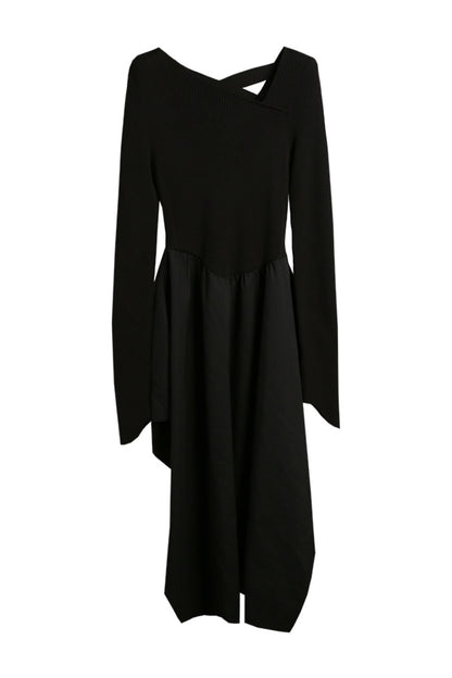Knitted patchwork dress women's asymmetrical bevel neckline dress