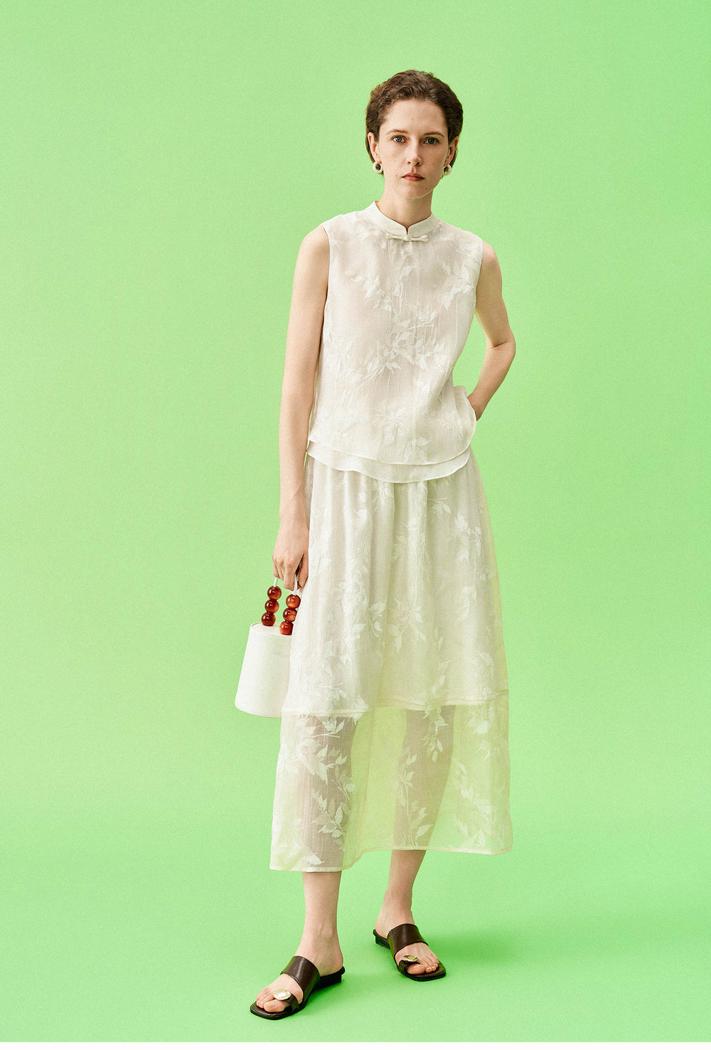 New Chinese-Style Willow Print Cocoon Silhouette — Dress & Vest Set