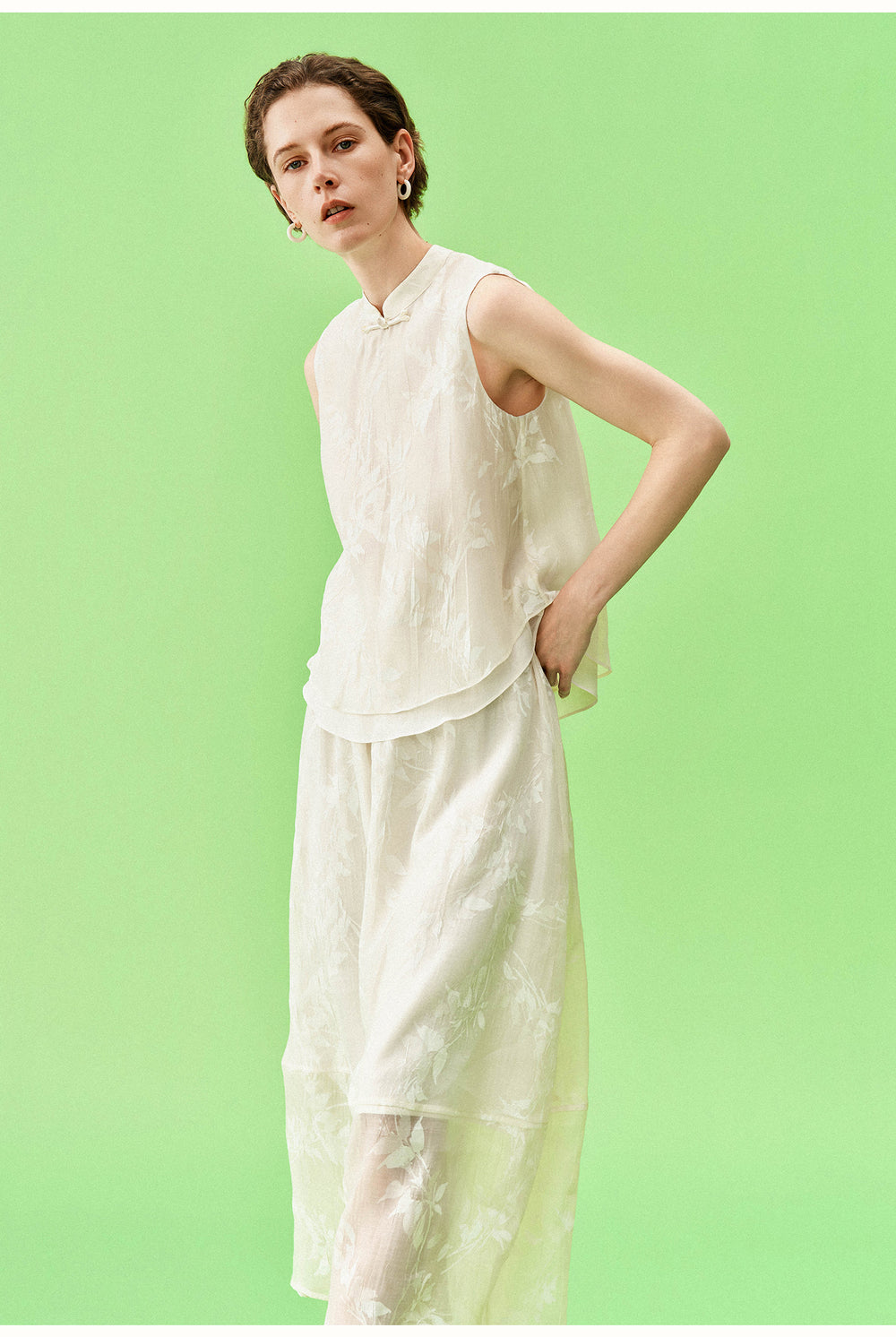 New Chinese-Style Willow Print Cocoon Silhouette — Dress & Vest Set