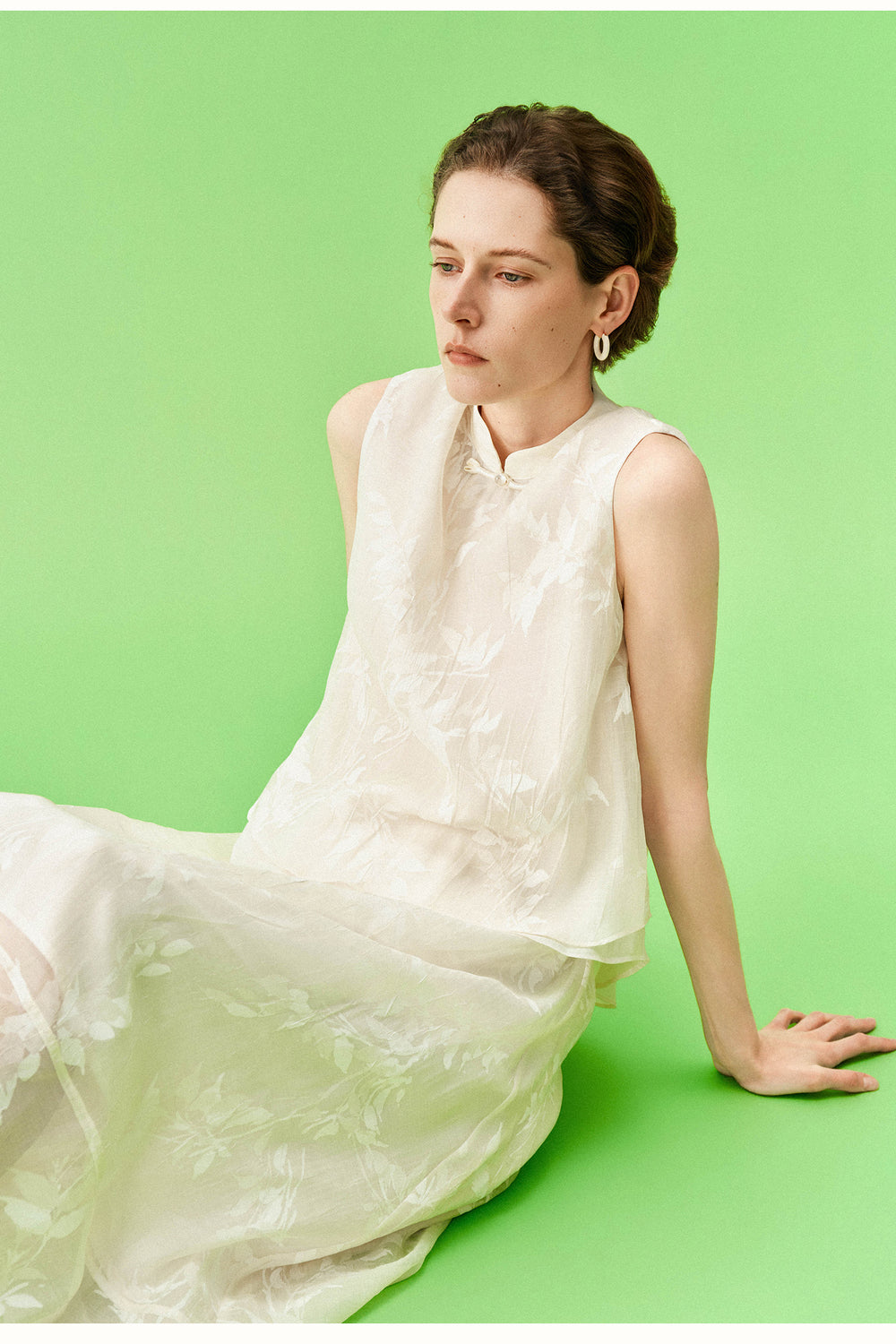 New Chinese-Style Willow Print Cocoon Silhouette — Dress & Vest Set