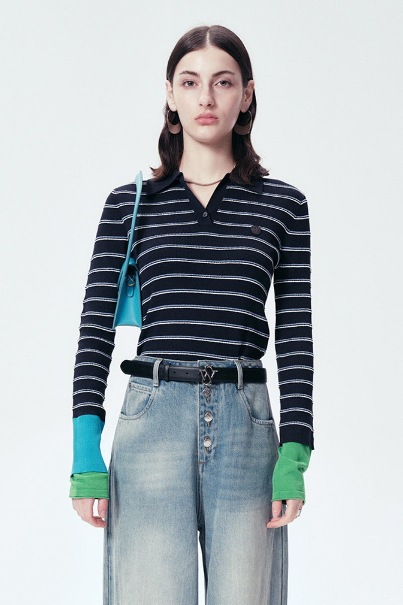 Black Striped Polo Shirt Slim Fit V-Neck Bottoming Shirt