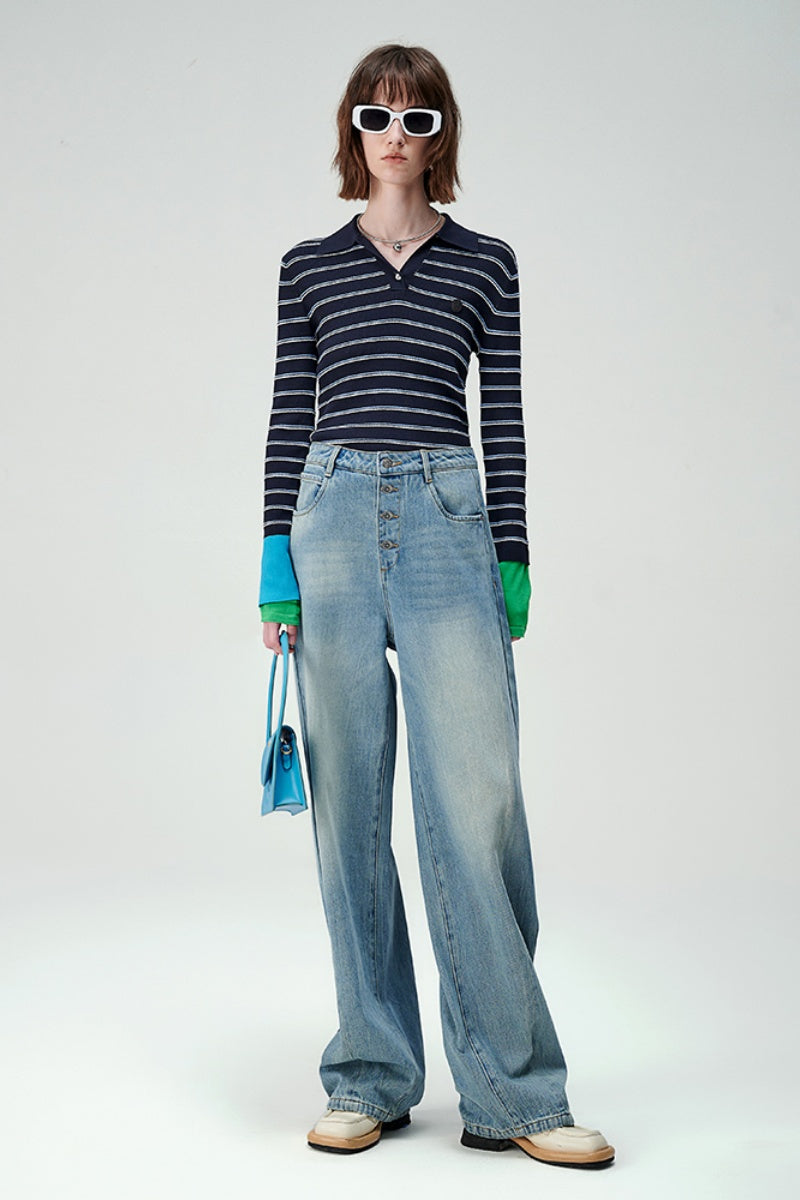 Black Striped Polo Shirt Slim Fit V-Neck Bottoming Shirt