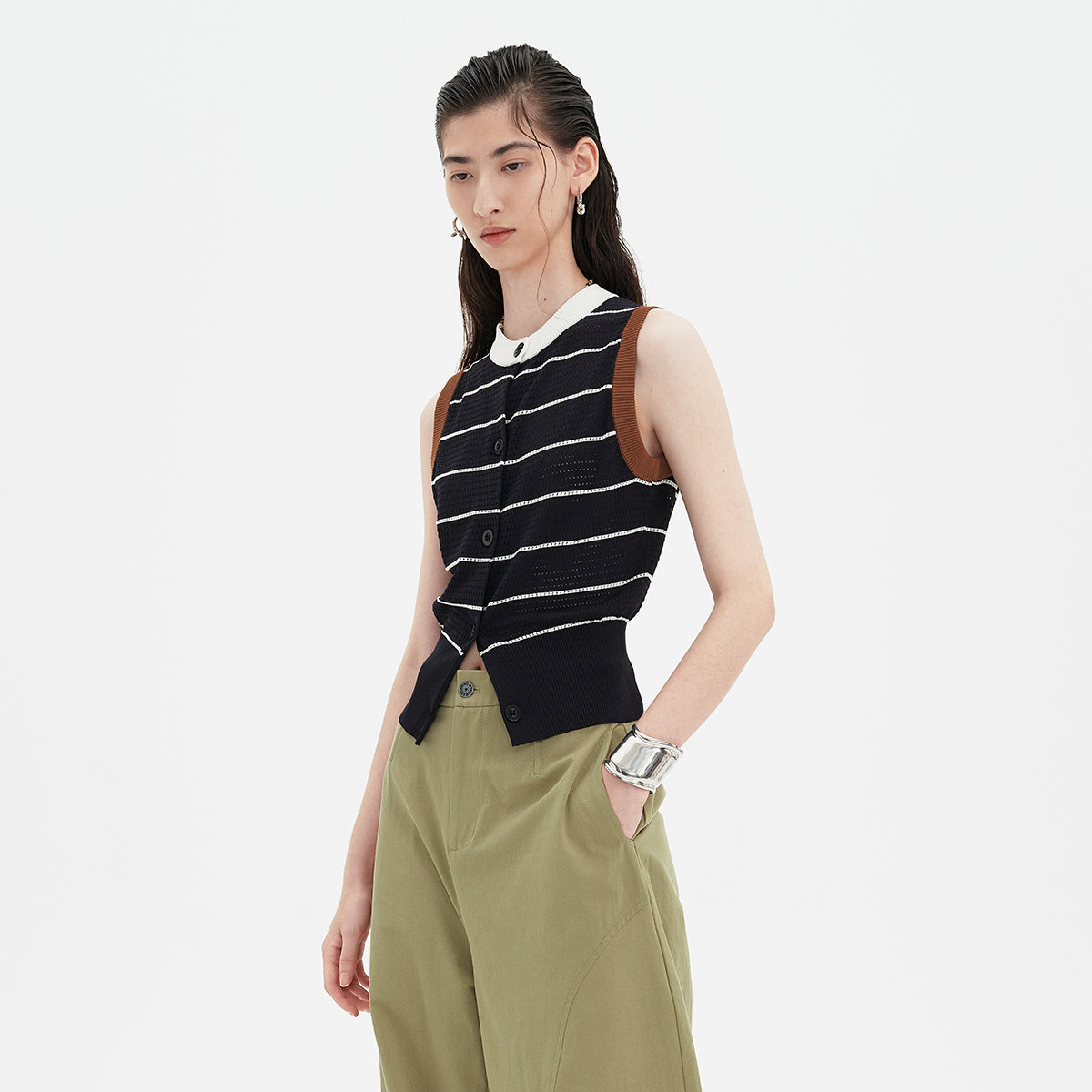 SELFWHO Knitted Striped Waistcoat Vest (Size runs small) Recommend ordering one size up