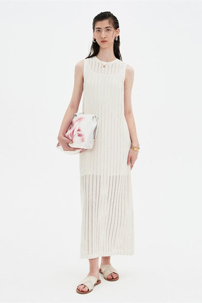 SELFWHO Apricot Sleeveless Round Neck Loose Dress
