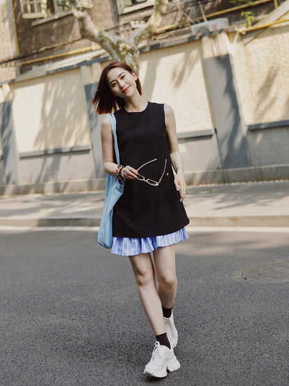 SELFWHO Contrast Color Stitching Fake Two-Piece Dress
