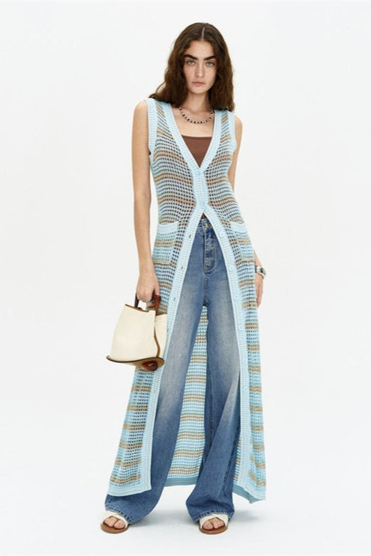 Knitted Cardigan V-neck Seaside Holiday Long Dress