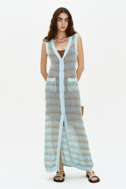 Knitted Cardigan V-neck Seaside Holiday Long Dress