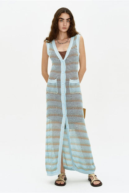 Knitted Cardigan V-neck Seaside Holiday Long Dress