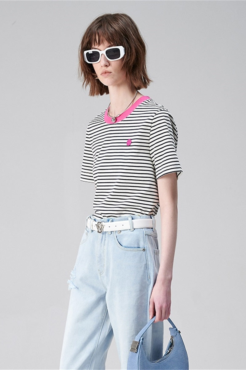 SELFWHO Pima Cotton Striped Short-Sleeved T-Shirt
