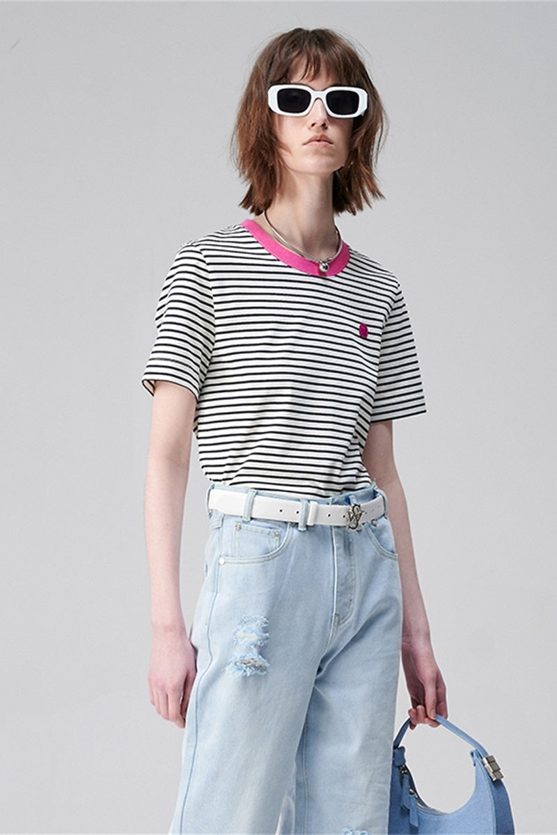 SELFWHO Pima Cotton Striped Short-Sleeved T-Shirt