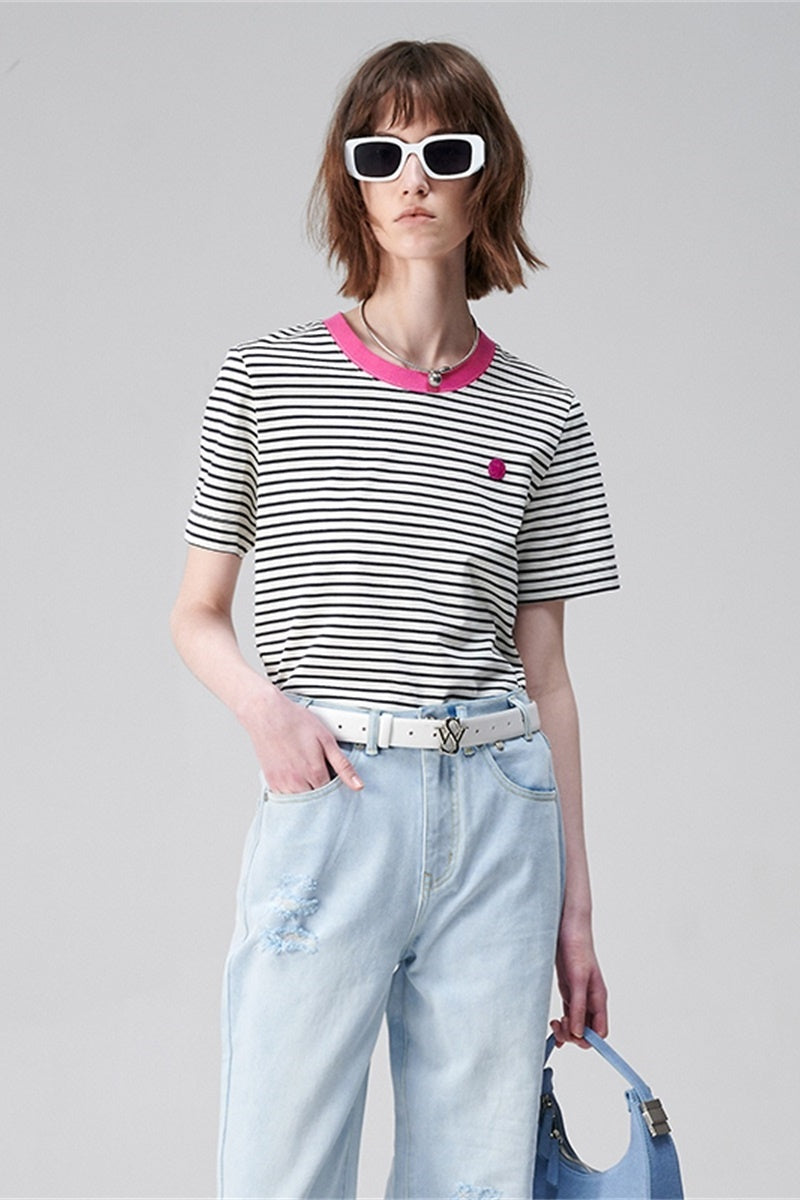 SELFWHO Pima Cotton Striped Short-Sleeved T-Shirt