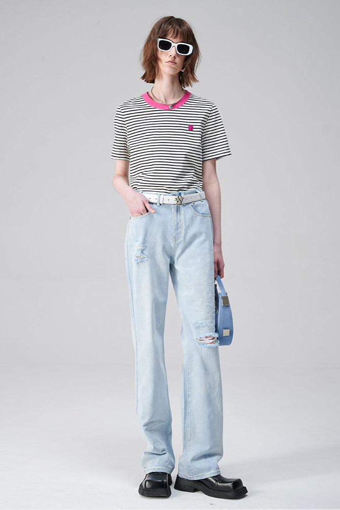 SELFWHO Pima Cotton Striped Short-Sleeved T-Shirt