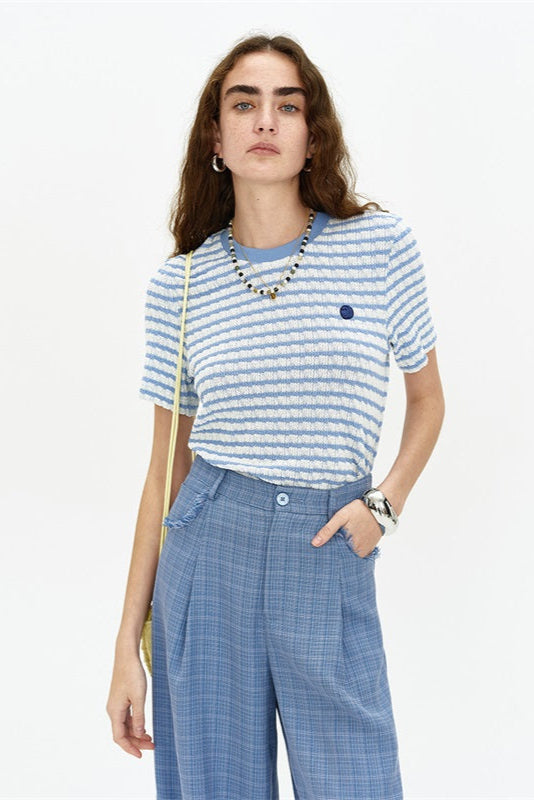 SELFWHO Short Sleeve Blue Striped Top