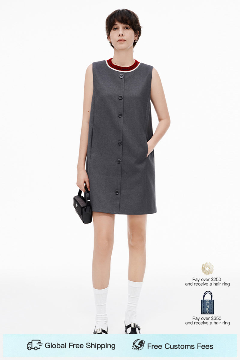 SELFWHO Wool Blend Sleeveless Grey Dress