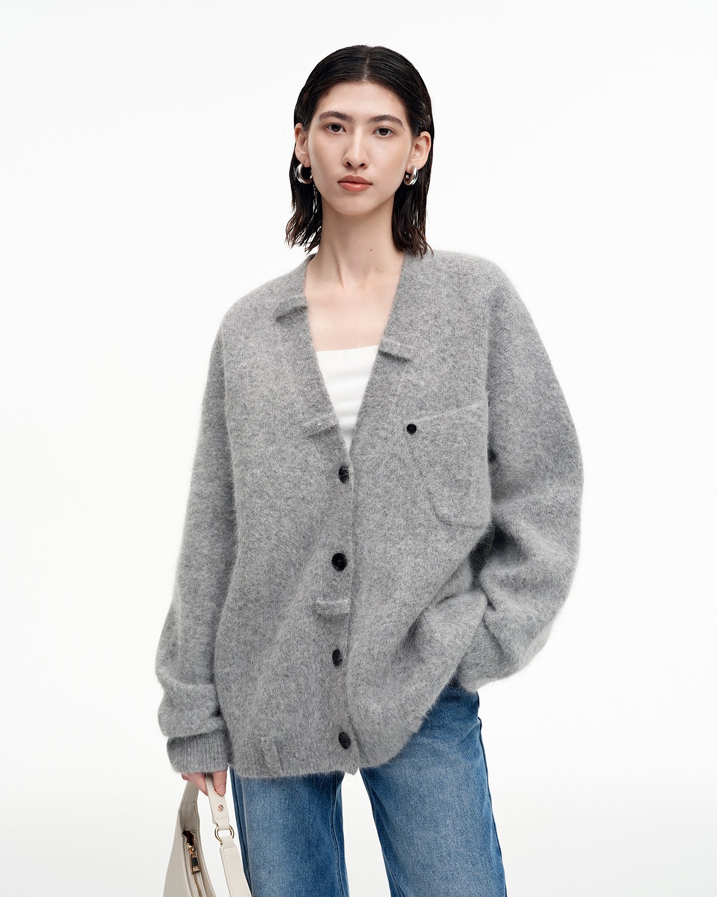 Angora rabbit hair and wool blend gray V-neck knitted cardigan