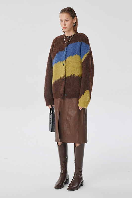 SELFWHO Autumn New Style Mohair Color Matching Furry Knitted Cardigan