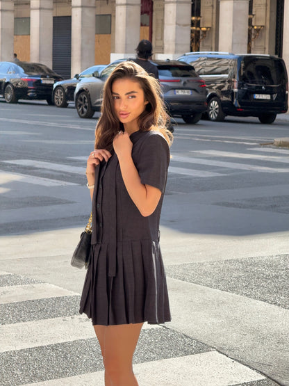 SELFWHO Faux Linen Dark Grey Floating Neck Dress