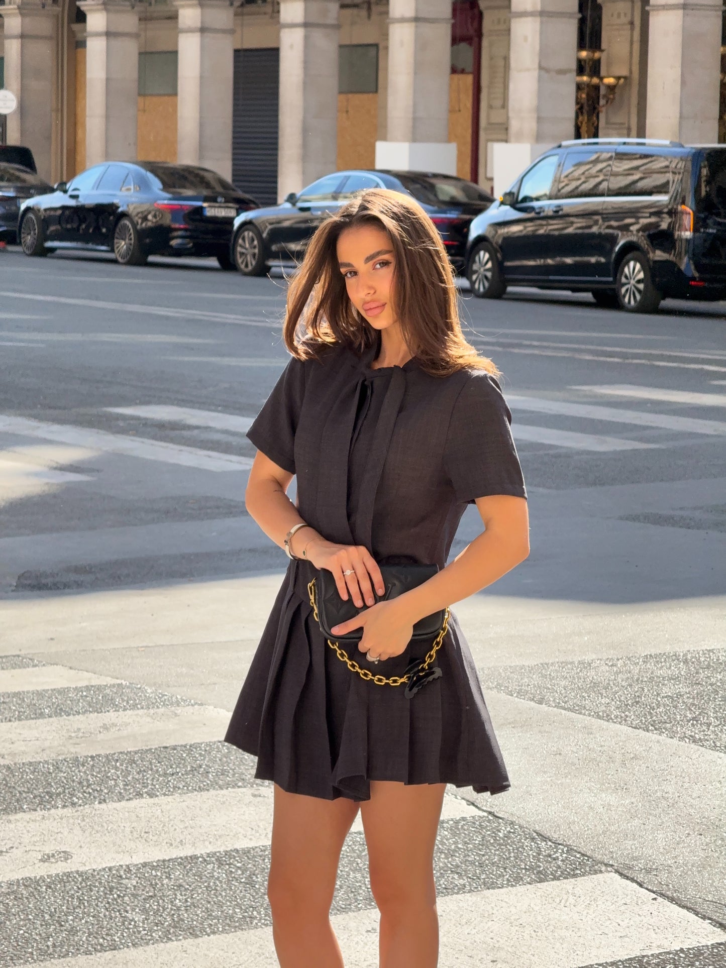 SELFWHO Faux Linen Dark Grey Floating Neck Dress