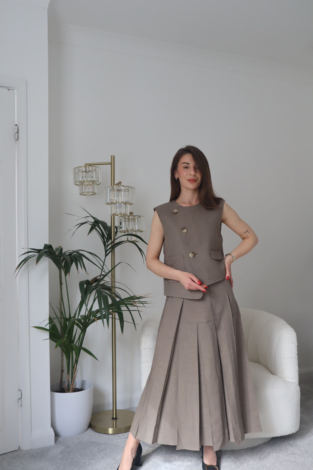 High Waist Casual Half-Length Pleated Skirt+Vest