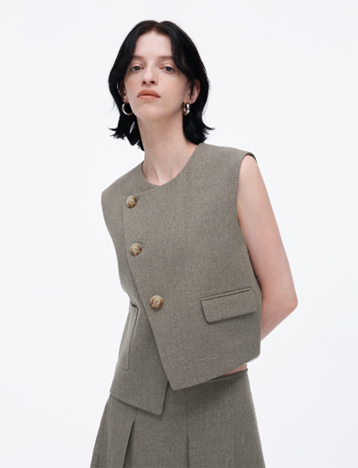 High Waist Casual Half-Length Pleated Skirt+Vest