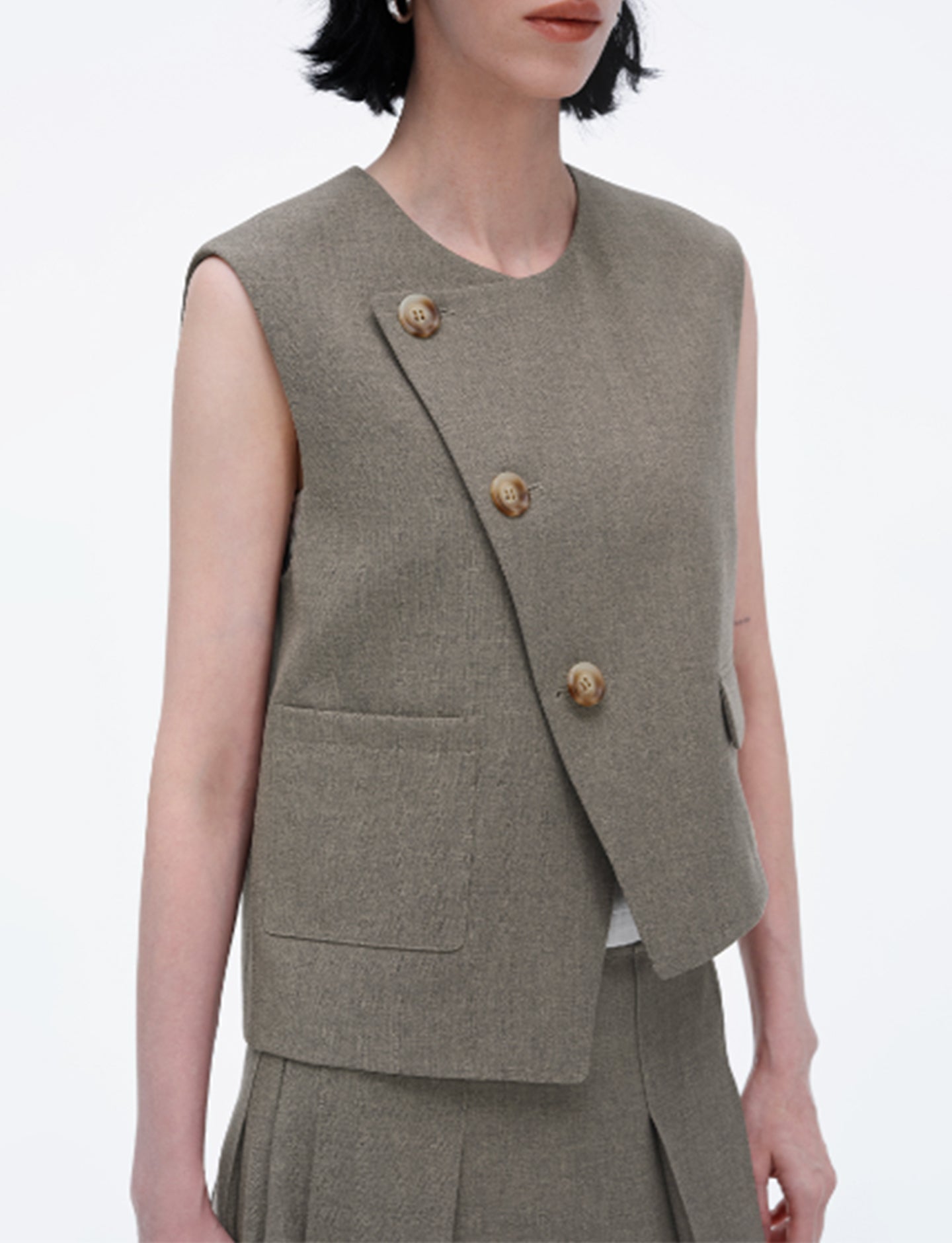 High Waist Casual Half-Length Pleated Skirt+Vest
