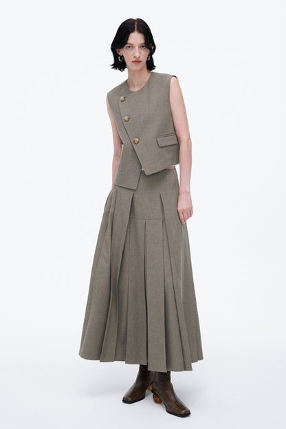 SELFWHO High Waist Casual Half-Length Pleated Skirt+Vest（The size is small, it is recommended to order a size up）
