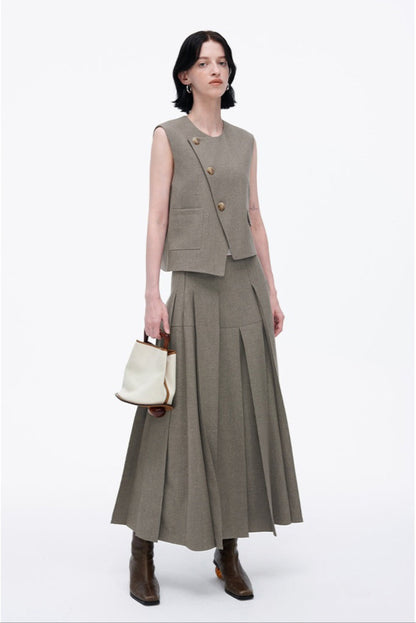 SELFWHO High Waist Casual Half-Length Pleated Skirt+Vest（The size is small, it is recommended to order a size up）