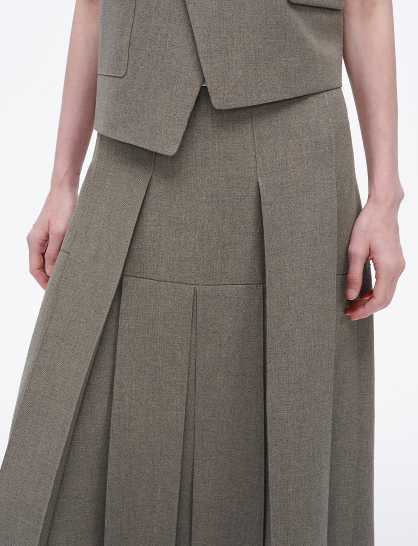 High Waist Casual Half-Length Pleated Skirt+Vest