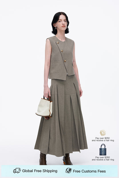 SELFWHO High Waist Casual Half-Length Pleated Skirt+Vest（The size is small, it is recommended to order a size up）
