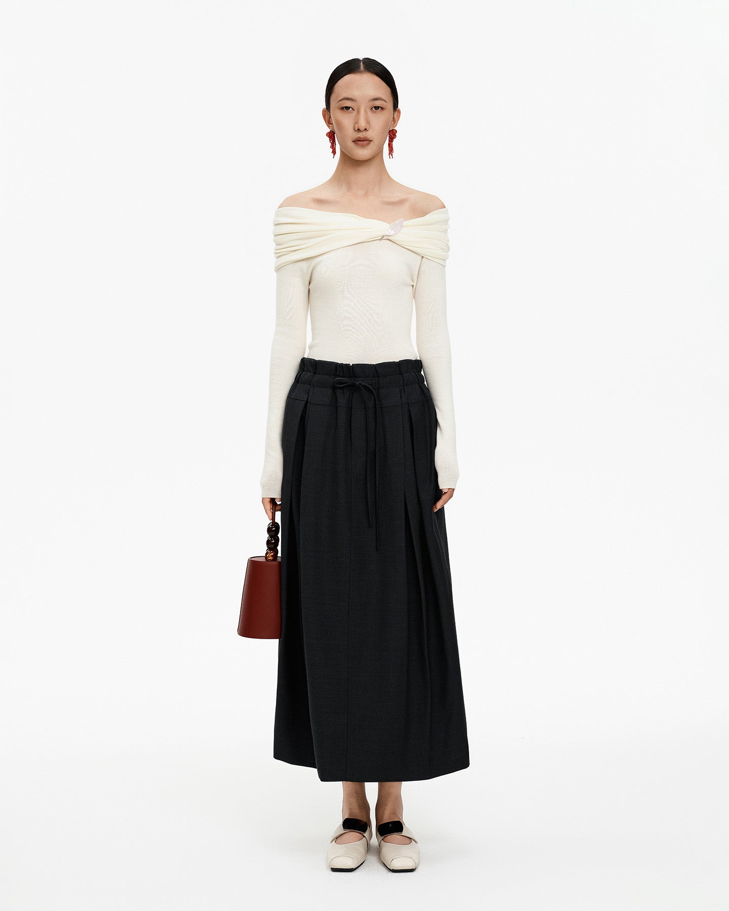 Wool-Blend Pencil Skirt with Wide Waistband and Drawstring