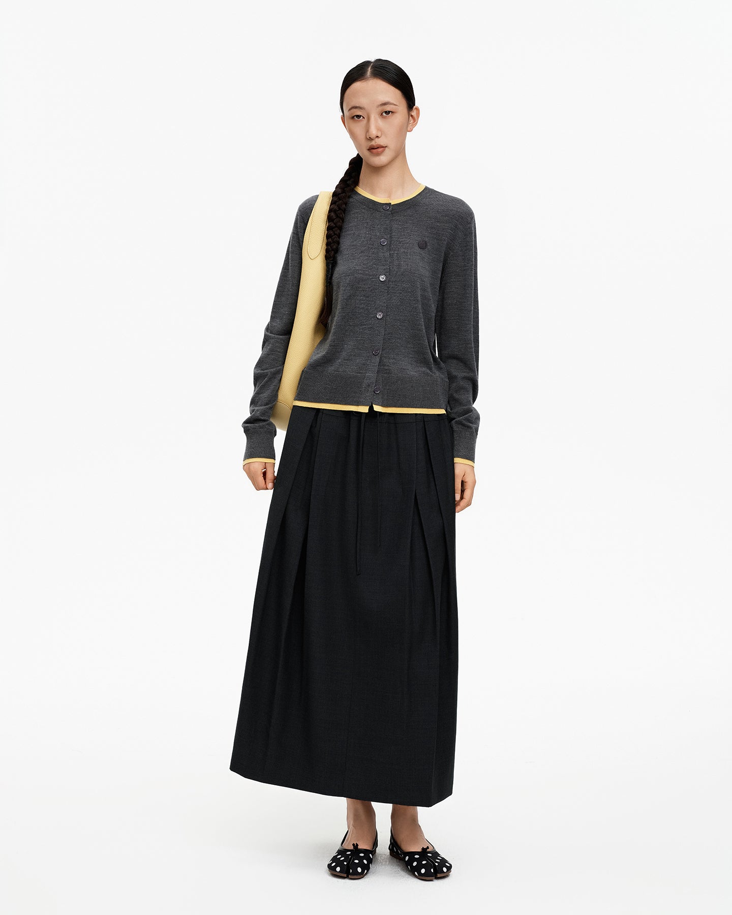 Wool-Blend Pencil Skirt with Wide Waistband and Drawstring