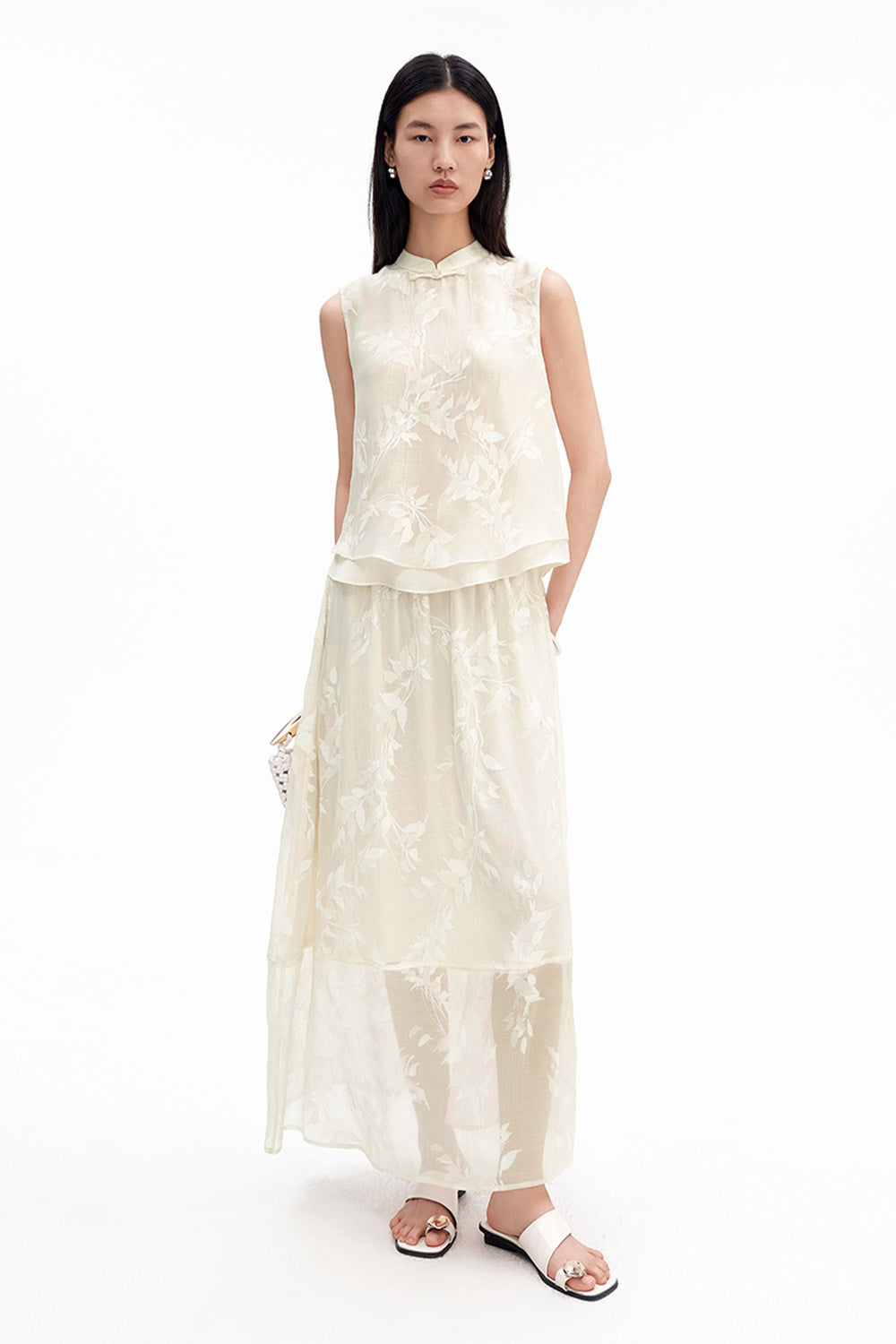 New Chinese-Style Willow Print Cocoon Silhouette — Dress & Vest Set