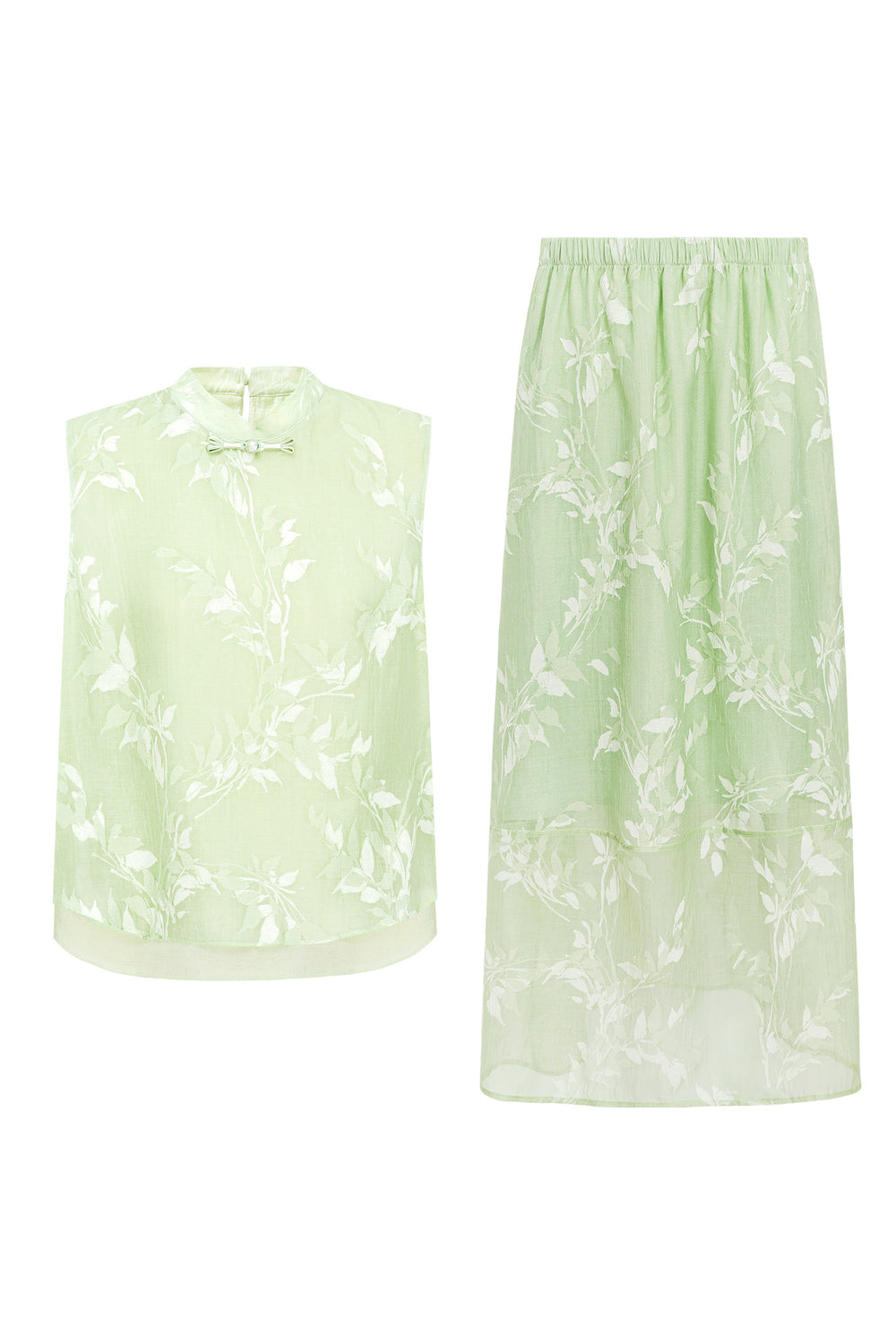 New Chinese-Style Willow Print Cocoon Silhouette — Dress & Vest Set