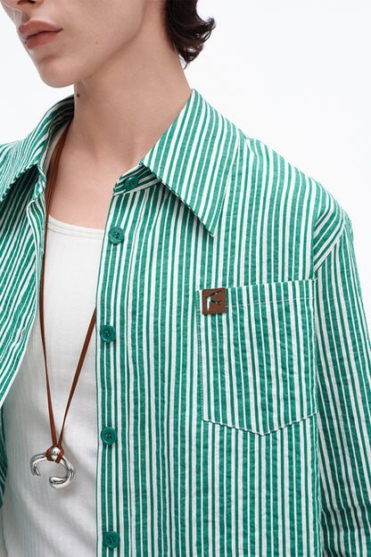 SELFWHO Linen Blend Green Striped Lapel Shirt