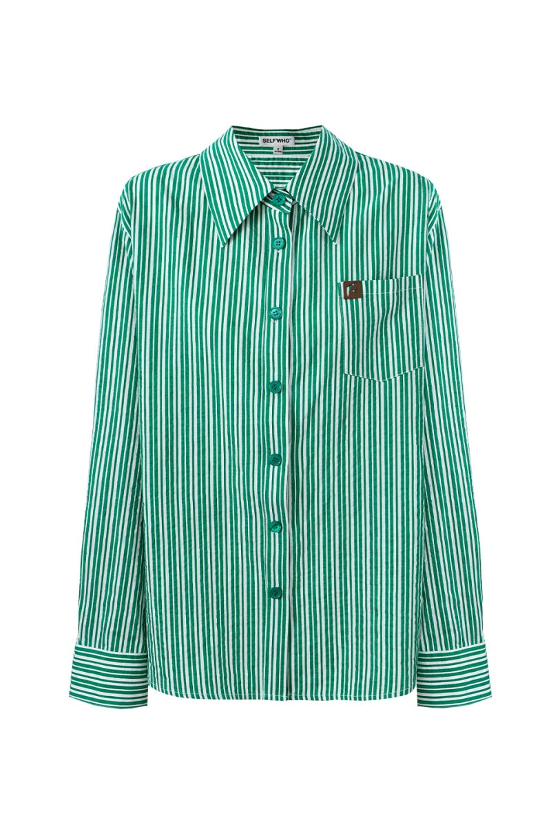 Selfwho Linen Blend Green Striped Lapel Shirt